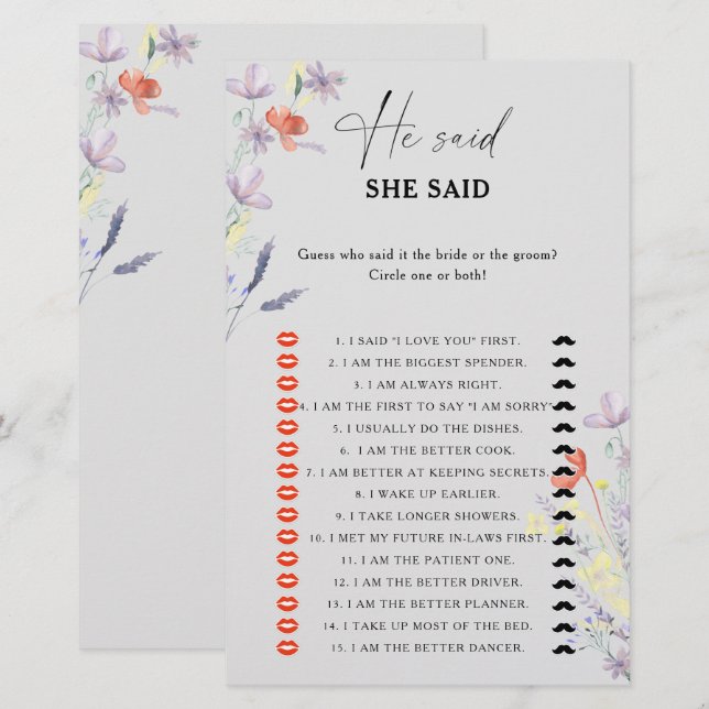 Boho Floral He said she said bridal shower game (Front/Back)