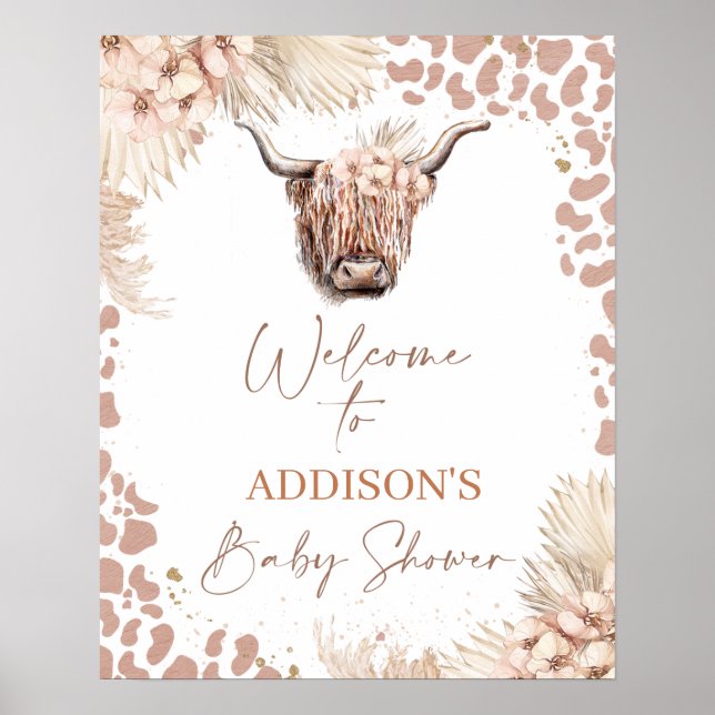 Boho Floral Highland Cow Baby Shower Welcome Poster (Front)