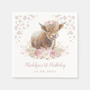 Boho Floral Highland Cow Girl 1st Birthday Napkin