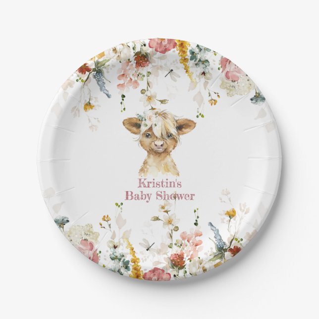 Boho Floral Highland Cow  Paper Plate (Front)