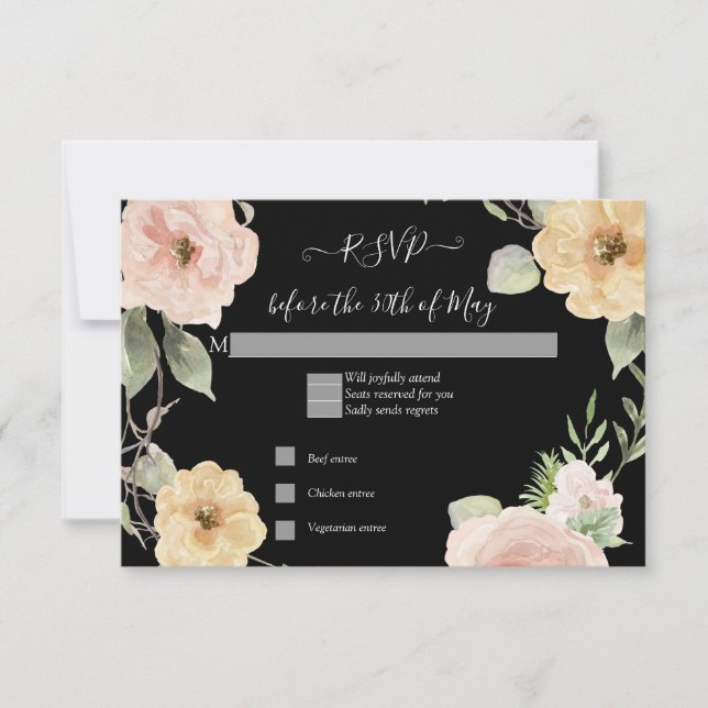 Boho Floral Jaune Rose Noir Réponse RSVP (Devant)