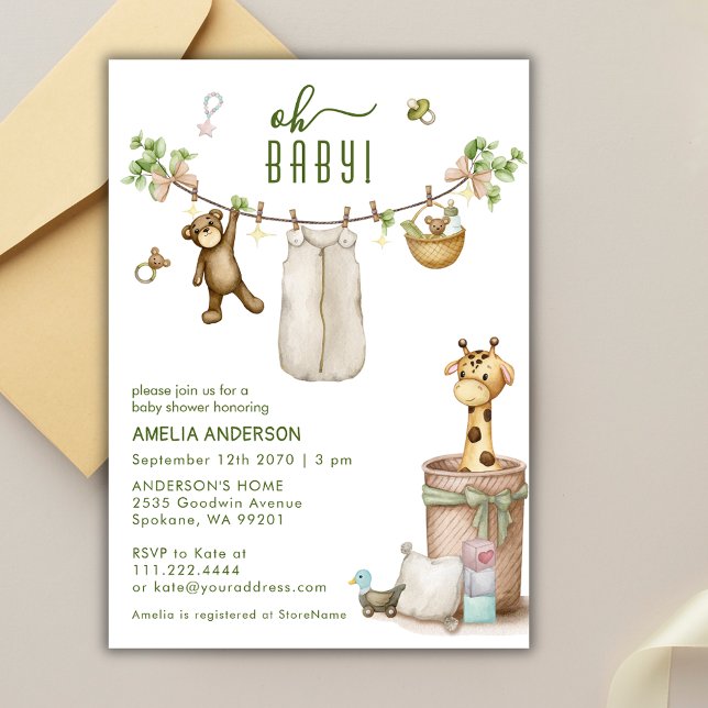 Boho Floral Jungle Clothline Animals Baby Shower  Invitation (Creator Uploaded)