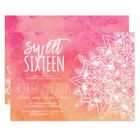 Boho floral lace mandala pink watercolor Sweet 16 Card