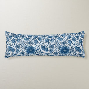 Boho Floral   Large Flowers   Classic Blue Body Pillow