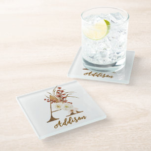 Boho Floral letter A Monogram Wedding Favor Glass Coaster