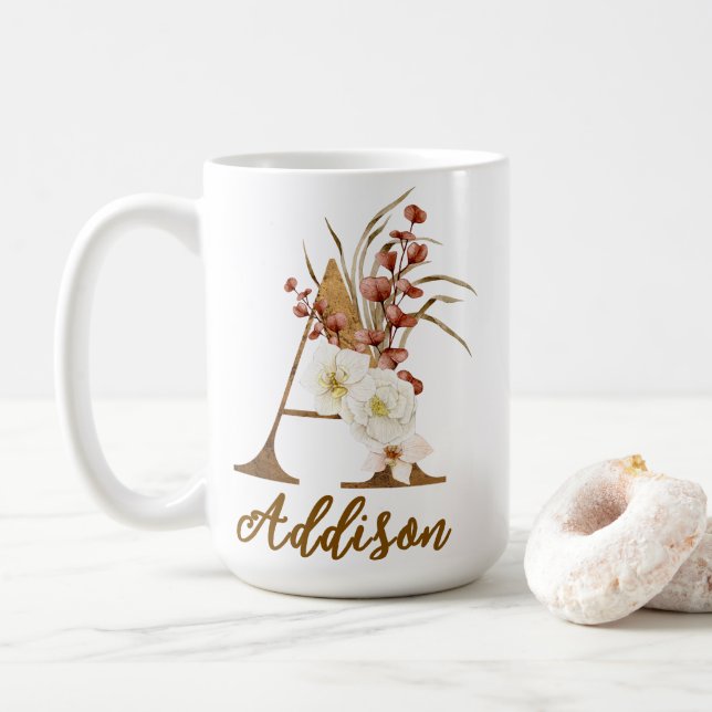 Boho Floral letter A Monogram Wedding Favour Coffee Mug (With Donut)