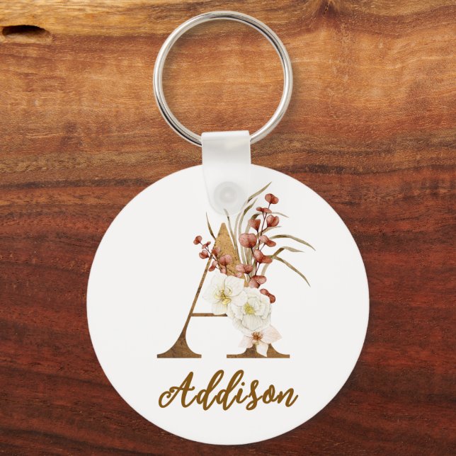 Boho Floral letter A Monogram Wedding Favour Keychain (Front)