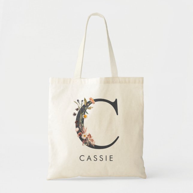 Boho Floral Letter C Tote Bag (Front)