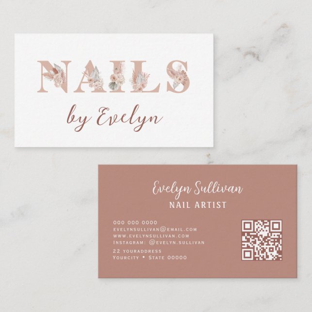 Boho Floral Lettres Nails Carte de visite (Devant / Derrière)