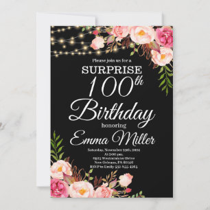 Boho Floral, Lights Surprise 100th Birthday Invitation