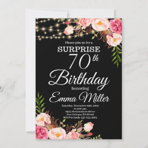 Boho Floral & Lights Surprise 70th Birthday Invitation