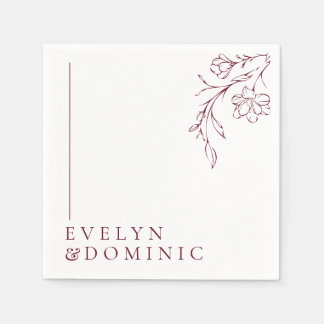 Boho Floral Line Art Burgundy Wedding Party Napkin