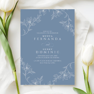 Boho Floral Line Art Dusty Blue Wedding Invitation