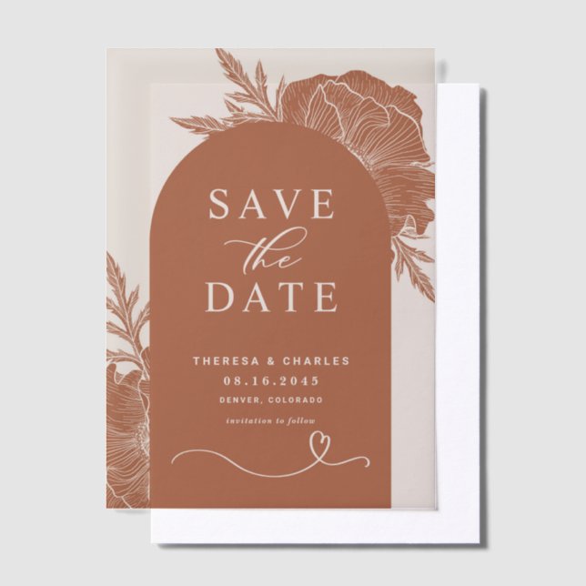 Boho Floral Line Art Terracotta Arch Save The Date Vellum Invitations (Offset)