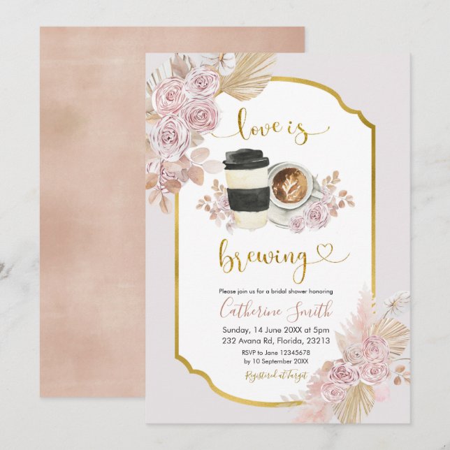 Boho Floral Love is Brewing Coffee Invitation (Front/Back)
