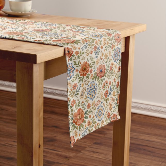 Boho Floral Mandala Paisley Botanical Pattern Short Table Runner (In Situ)