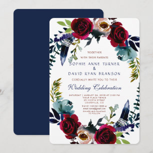 Boho Floral Marsala Navy Blue Wedding Invite