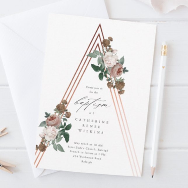 Boho Floral Modern Religious Baptism & Christening Invitation (A boho baby baptism with vintage floral greenery and rose gold structure.)