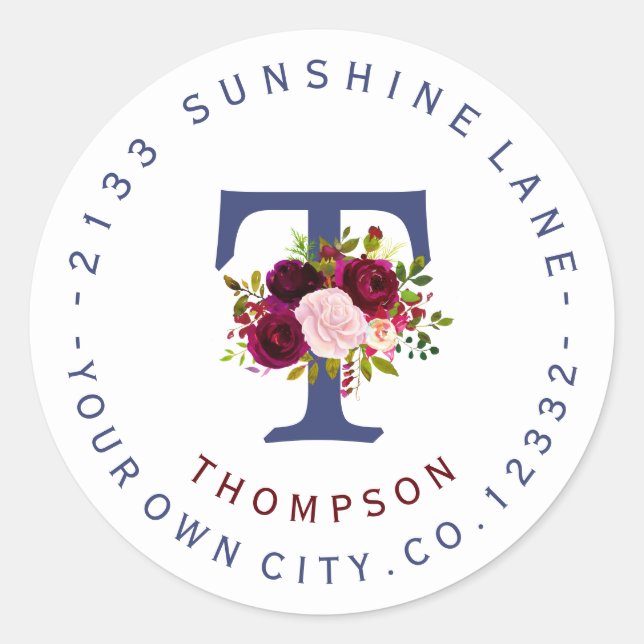 Boho Floral Monogram Circular Address Label (Front)
