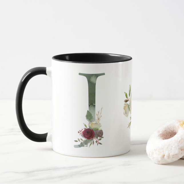 Boho Floral Monogram J Coffee Mug (With Donut)