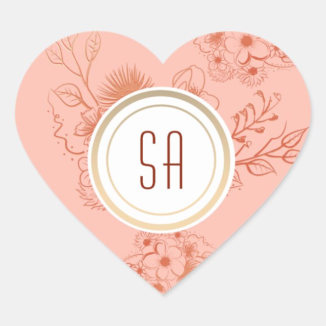 Boho Floral Monogram Wedding Heart Sticker (Front)