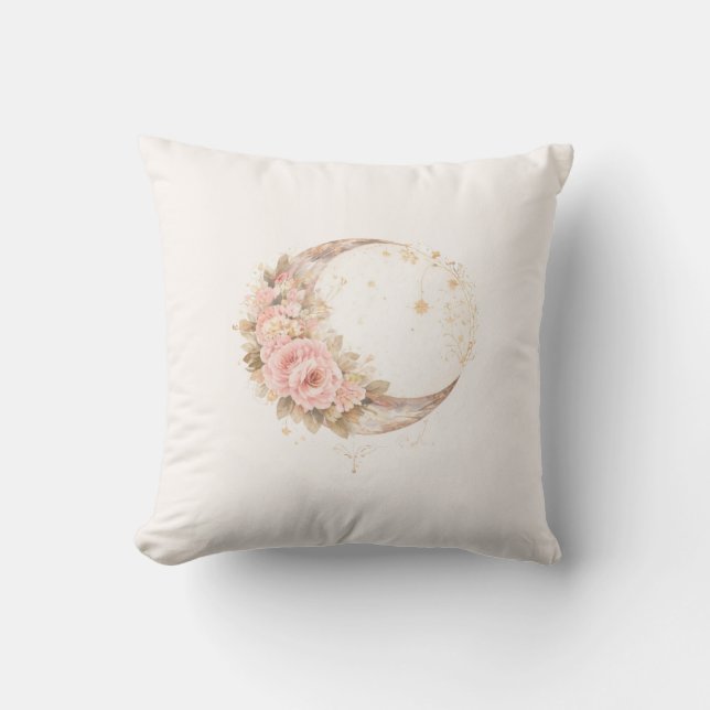 Boho Floral Moon | Minimal Aesthetic Throw Pillow (Front)