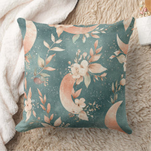 Boho Floral Moon Vintage Celestial Earth Tones Throw Pillow