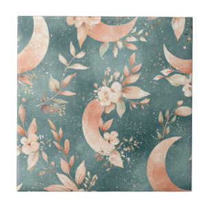 Boho Floral Moon Vintage Celestial Earth Tones Tile
