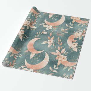 Boho Floral Moon Vintage Celestial Earth Tones Wrapping Paper