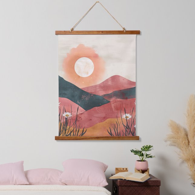 Boho Floral Mountain Sunset – Rustic Nature Hanging Tapestry (Bedroom)