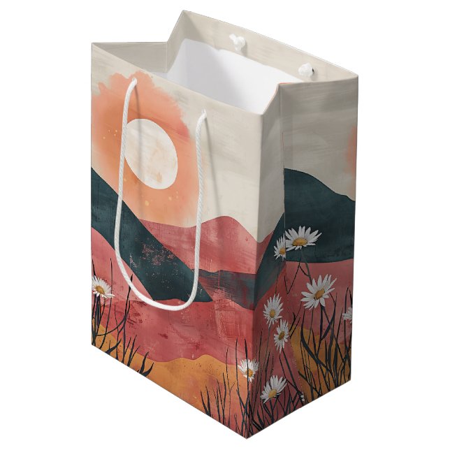 Boho Floral Mountain Sunset – Rustic Nature Medium Gift Bag (Front Angled)