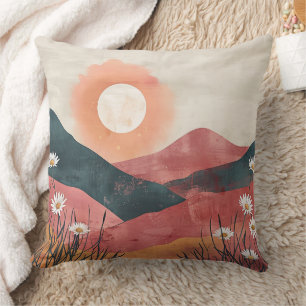 Boho Floral Mountain Sunset – Rustic Nature Throw Pillow