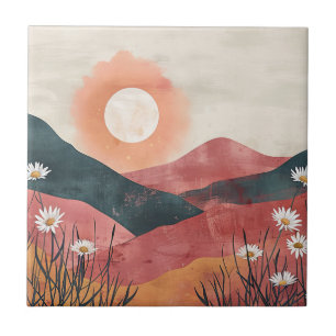 Boho Floral Mountain Sunset – Rustic Nature Tile