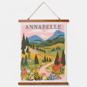 Boho Floral Mountains Illustration First Name Hanging Tapestry