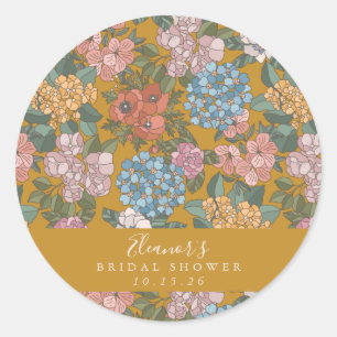 Boho Floral Mustard Yellow Custom Bridal Shower  Classic Round Sticker