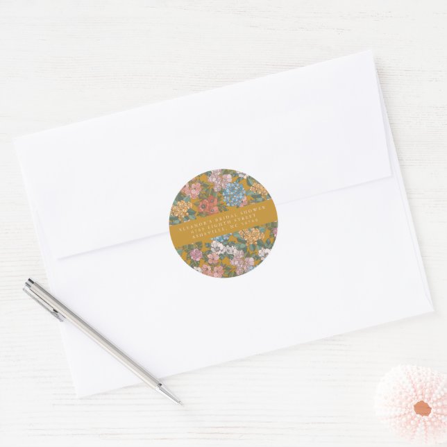 Boho Floral Mustard Yellow Custom Shower Address  Classic Round Sticker (Envelope)