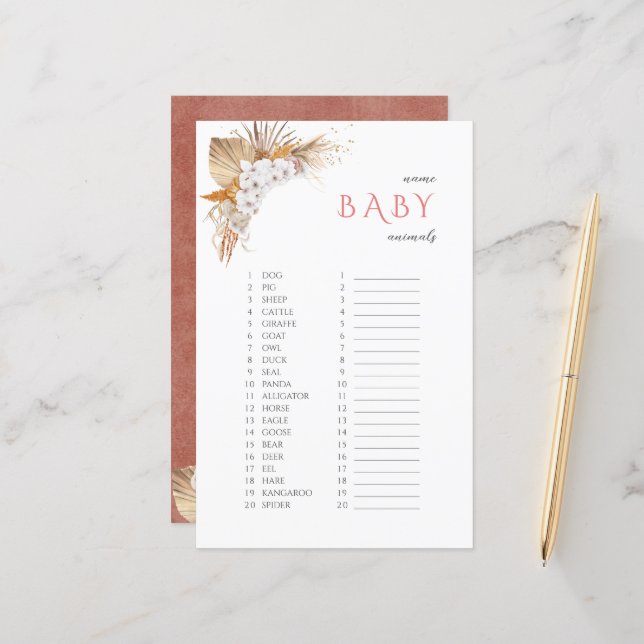Boho Floral Name Baby Animals Baby Shower Game (Front/Back In Situ)