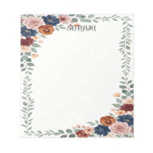 Boho Floral Navy Blue Personalized Name Notepad