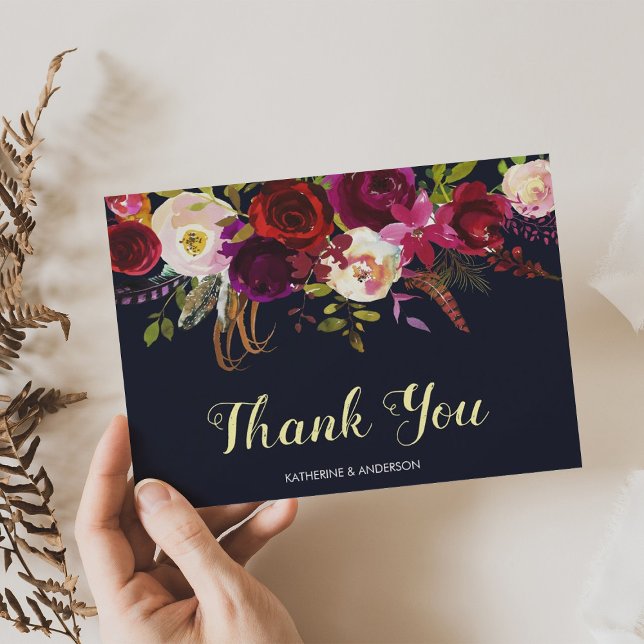 Boho Floral Navy Marsala Fall Wedding Thank You Card (Creator Uploaded)