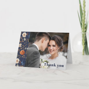 Boho Floral Navy Photo Wedding Thank You Card