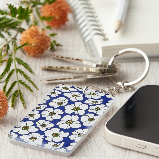 Boho Floral On Blue With Name  Keychain (Front Right)