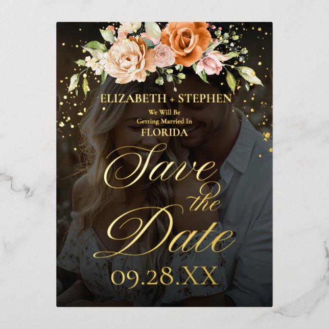 Boho Floral Orange and Blush Pink Photo Wedding Foil Invitation Postcard (Front)