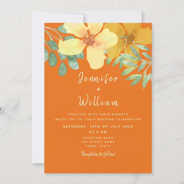 Boho Floral Orange Wedding Invitation (Front)