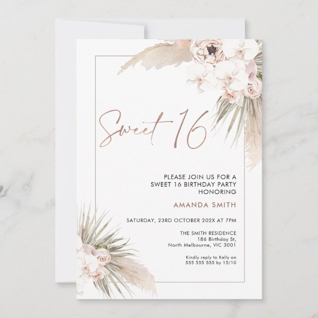 Boho Floral Orchards Pampas Sweet 16 Birthday Invitation (Front)