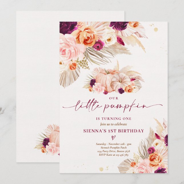 Boho Floral Our Little Pumpkin 1st Birthday Party Invitation (Front/Back)