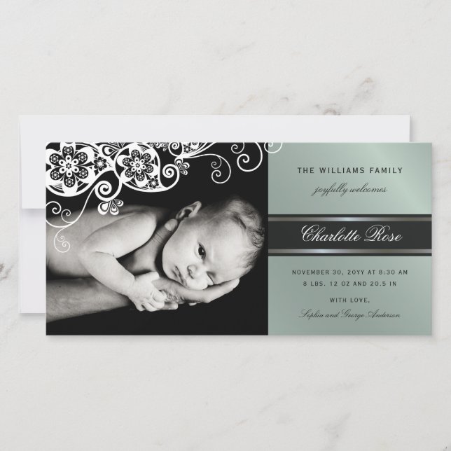 Boho Floral Paisley Elegant Birth Announcement (Front)