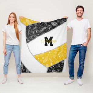 boho floral paisley feathers black gold volleyball fleece blanket