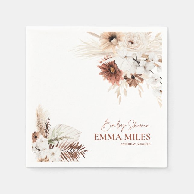 Boho Floral Pampas Grass Baby Shower Napkins (Front)