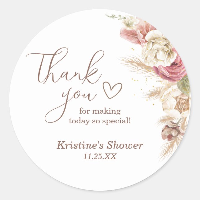 Boho Floral Pampas Grass Baby Shower Thank You Classic Round Sticker (Front)