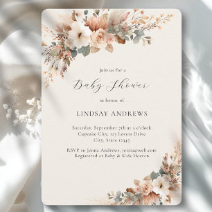 Boho Floral Pampas Grass Beige Baby Shower Invitation